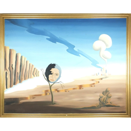 2157 - Veronica - Oil onto canvas, surreal desert scene with town in the background, gilt framed, 114cm x 8... 