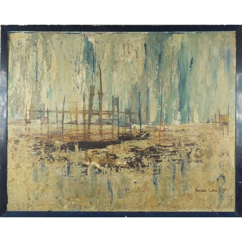 2091 - Oil onto board abstract composition, bearing a signature Howard Coles 62, framed, 83cm x 62cm exclud... 