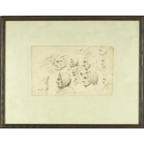 2245 - Monroe school 18th century Scottish ink onto paper, head studies, mounted and framed, 26cm x17cm exc... 