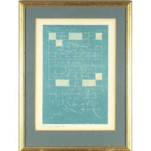 2283 - Hermann Zapf - Pencil signed coloured lithograph, calligraphy study, mounted and gilt framed, 25cm x... 