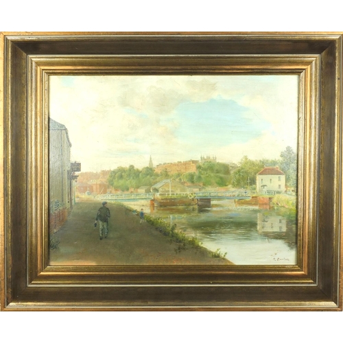 2284 - Oil onto board, river before Windsor Castle, bearing a signature R Barton, gilt framed, 41cm x 33cm ... 