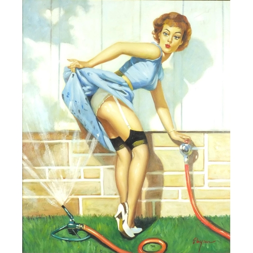 2208 - Oil onto canvas, American Pinup, bearing a signature E Luyzen, inscribed verso, framed, 59cm x 49cm ... 