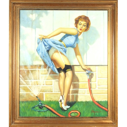 2208 - Oil onto canvas, American Pinup, bearing a signature E Luyzen, inscribed verso, framed, 59cm x 49cm ... 