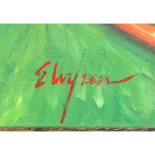 2208 - Oil onto canvas, American Pinup, bearing a signature E Luyzen, inscribed verso, framed, 59cm x 49cm ... 