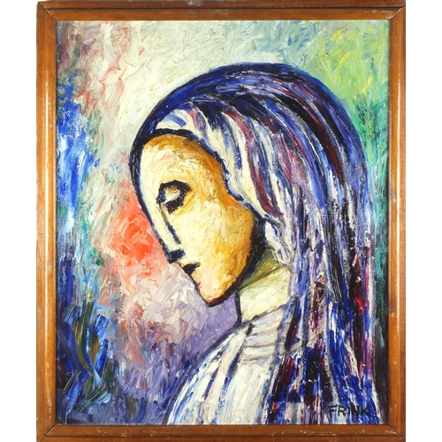 2113 - Oil onto canvas, religious portrait, bearing a signature Frink, inscribed verso, framed, 58cm x 47cm... 