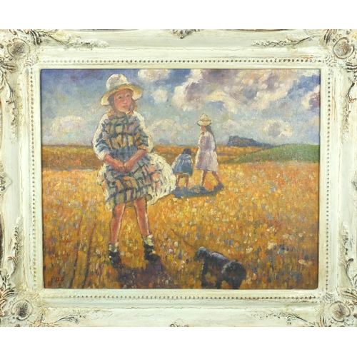 2117 - Modern British oil onto board, three girls in a field, one with her dog, bearing a monogram DF, orna... 