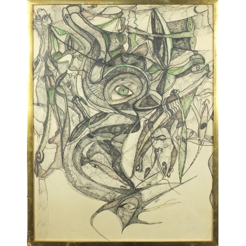 2112 - Mixed media onto card, surreal faces, inscribed E J Burra No.17 verso, framed, 60cm x 45cm excluding... 