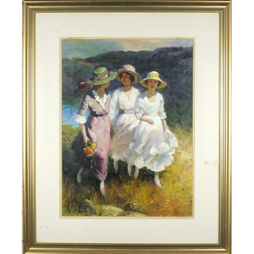 2092 - French impressionist oil onto board, three young girls one with a bouquet of flowers, bearing a sign... 