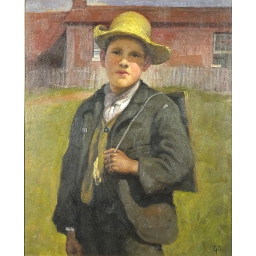 2159 - Newland school oil onto canvas, young boy, bearing a monogram GS, mounted and framed, 49cm x 38cm ex... 