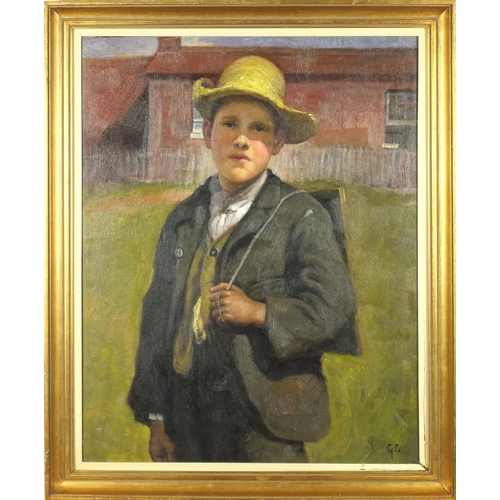 2159 - Newland school oil onto canvas, young boy, bearing a monogram GS, mounted and framed, 49cm x 38cm ex... 