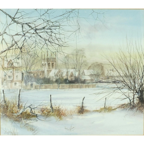 2205 - Ken Messer - Heightened watercolour, snowy town, label verso, mounted and framed, 32cm x 28cm exclud... 