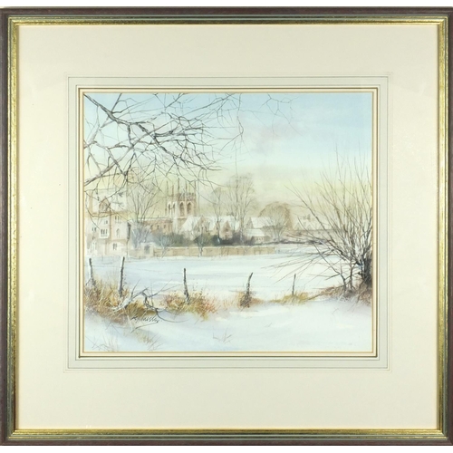 2205 - Ken Messer - Heightened watercolour, snowy town, label verso, mounted and framed, 32cm x 28cm exclud... 