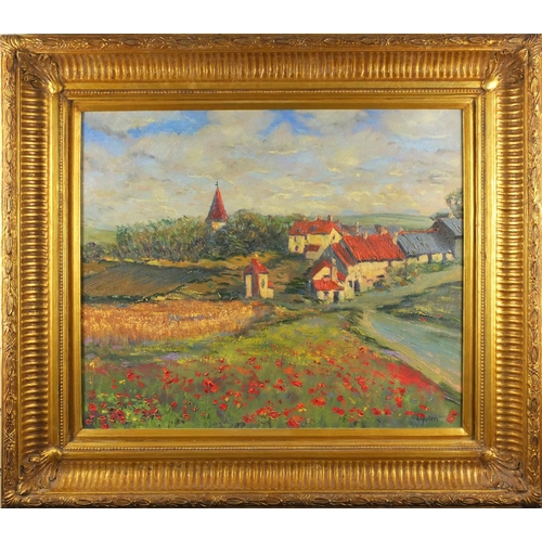 2209 - Lipstein - Oil onto canvas, continental village, mounted and gilt framed, 60cm x 51cm excluding the ... 