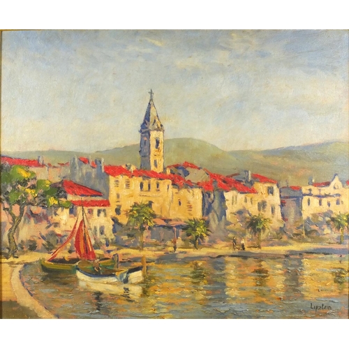 2210 - Lipstein - Oil onto canvas, continental harbour before buildings, mounted and framed, 60cm x 50cm ex... 