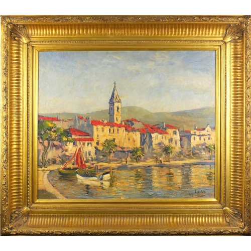 2210 - Lipstein - Oil onto canvas, continental harbour before buildings, mounted and framed, 60cm x 50cm ex... 