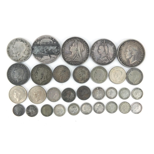 2591 - Victorian and later British coinage, mostly silver including 1844 crown, 1887 crown and 1890 double ... 