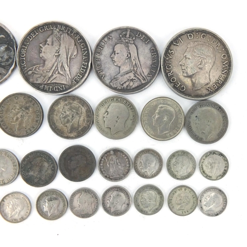 2591 - Victorian and later British coinage, mostly silver including 1844 crown, 1887 crown and 1890 double ... 