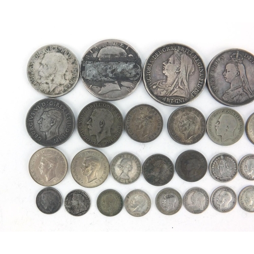 2591 - Victorian and later British coinage, mostly silver including 1844 crown, 1887 crown and 1890 double ... 