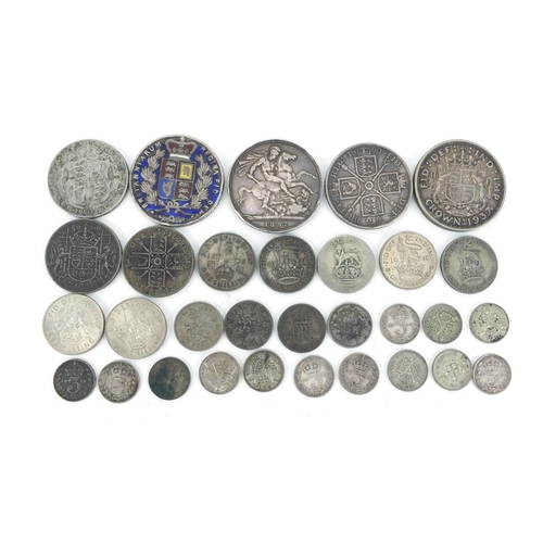 2591 - Victorian and later British coinage, mostly silver including 1844 crown, 1887 crown and 1890 double ... 