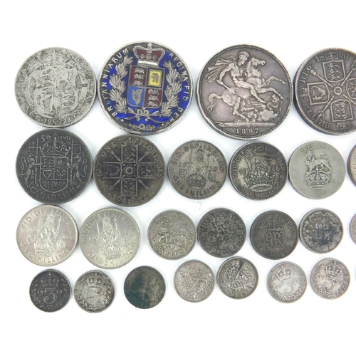 2591 - Victorian and later British coinage, mostly silver including 1844 crown, 1887 crown and 1890 double ... 