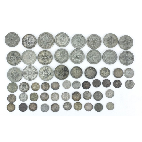 2579 - British pre decimal pre 1947 coins including florins, half crowns and three penny bits, approximate ... 