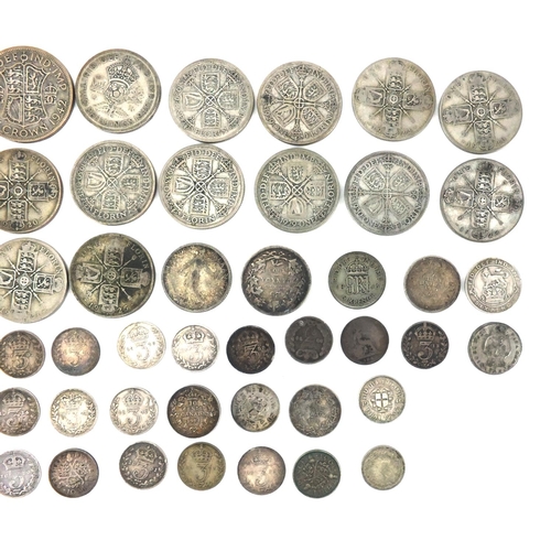 2579 - British pre decimal pre 1947 coins including florins, half crowns and three penny bits, approximate ... 