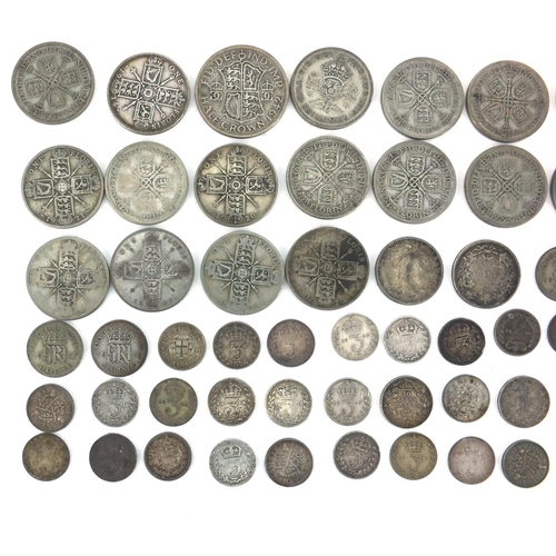 2579 - British pre decimal pre 1947 coins including florins, half crowns and three penny bits, approximate ... 