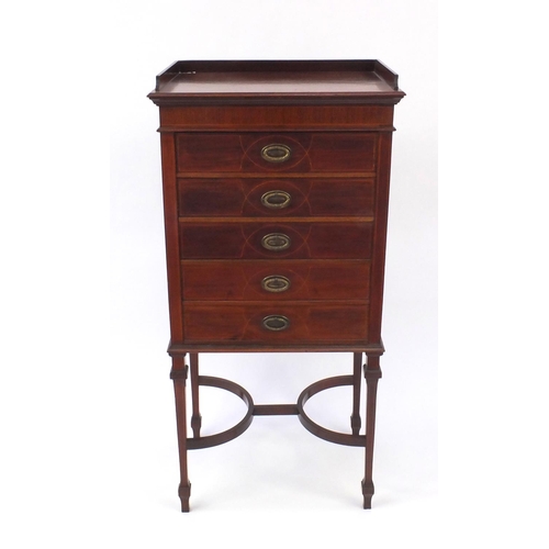 2059 - Edwardian inlaid mahogany five drawer music cabinet with galleried top and shaped stretcher, 108cm h... 