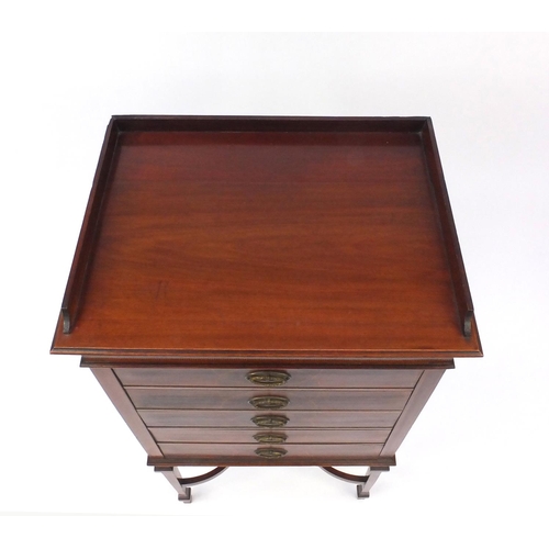 2059 - Edwardian inlaid mahogany five drawer music cabinet with galleried top and shaped stretcher, 108cm h... 