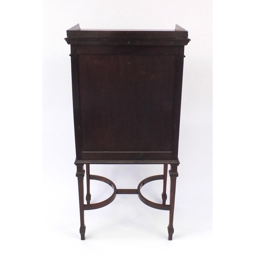 2059 - Edwardian inlaid mahogany five drawer music cabinet with galleried top and shaped stretcher, 108cm h... 