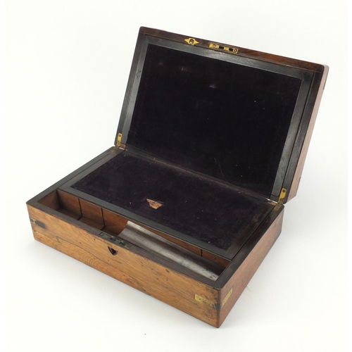 2268 - Victorian campaign style brass bound rosewood writing slope with velvet lined interior and blank car... 