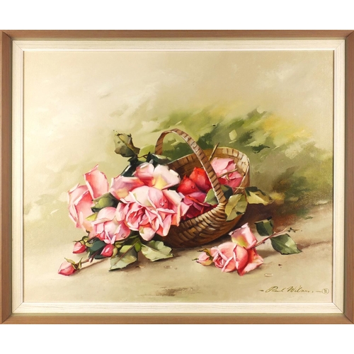 2203 - Paul Wilson 78 - Oil onto canvas, still life flowers in a basket, mounted and framed, 49.5cm x 39.5c... 