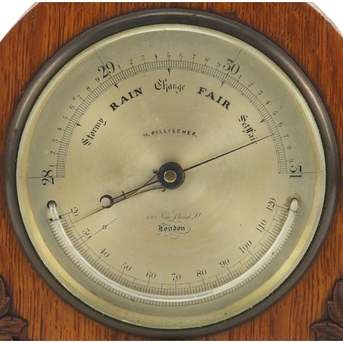 2253 - M Pilnischer of New Bond Street London, oak desk barometer with silvered dial, 22.5cm high