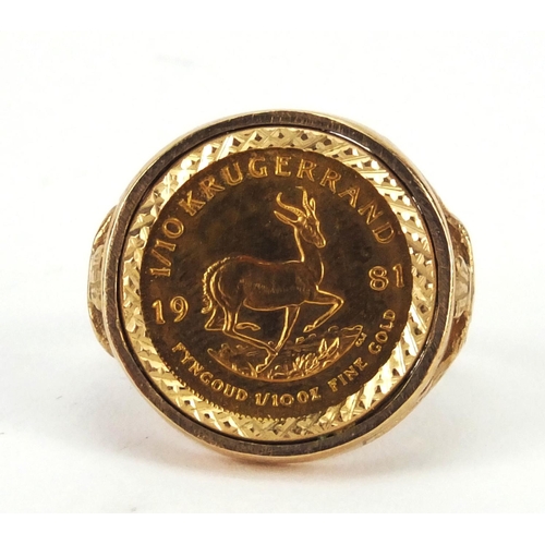 2607 - 1981 1/10th Krugerand gold coin with 9ct gold ring mount, size O, approximate weight  7.0g