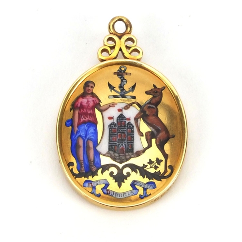 223 - Victorian unmarked gold and enamel pendant engraved William Hogg C 1888, the front enamelled with Th... 