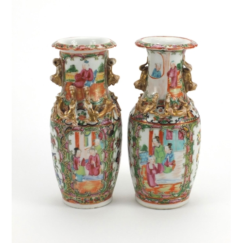 477 - Pair of Chinese Canton porcelain vases, both with Foo Dog handles and relief water dragon decoration... 