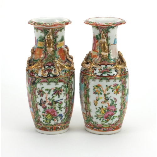 477 - Pair of Chinese Canton porcelain vases, both with Foo Dog handles and relief water dragon decoration... 