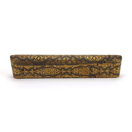 622 - Persian dome topped iron pen box with gold inlay, with floral motifs, 5cm high x 26.5cm wide x 4.7cm... 