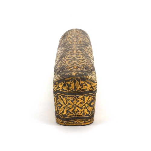 622 - Persian dome topped iron pen box with gold inlay, with floral motifs, 5cm high x 26.5cm wide x 4.7cm... 