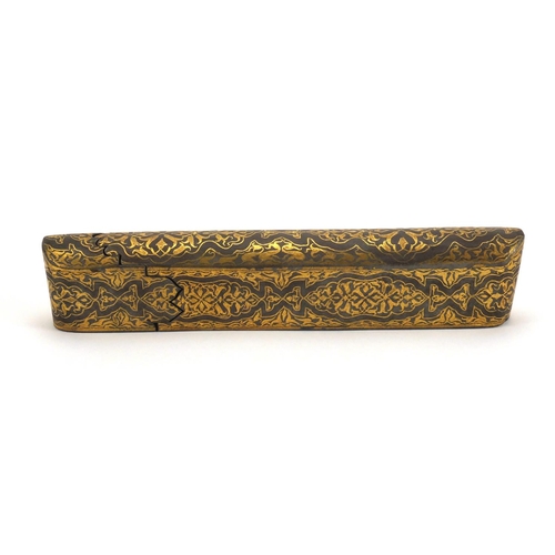 622 - Persian dome topped iron pen box with gold inlay, with floral motifs, 5cm high x 26.5cm wide x 4.7cm... 