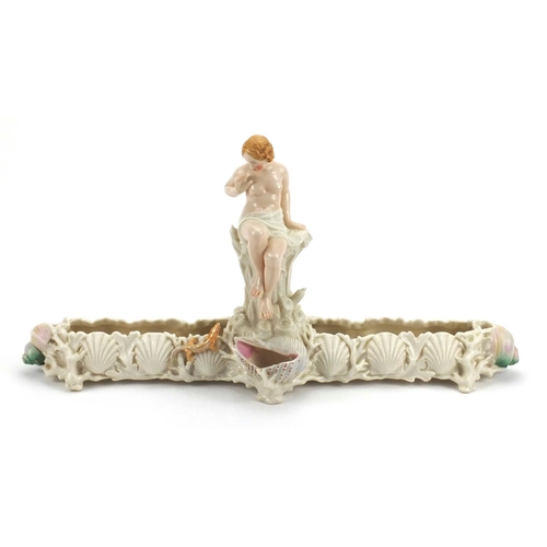 685 - Victorian hand painted centre piece, with a semi nude maiden on a naturalistic shell base with a liz... 