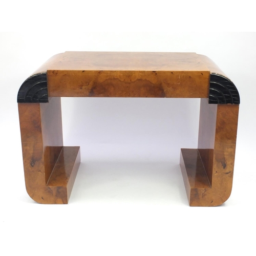 2050 - Art Deco style bur walnut and ebonised side table with centre drawer, 81cm high x 120cm wide x 60cm ... 