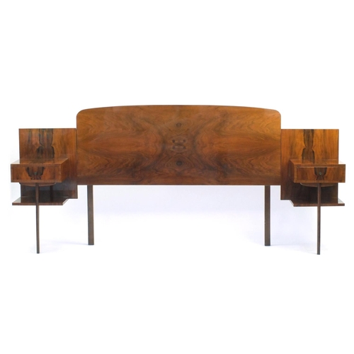 2060 - Art Deco bur walnut headboard, flanked on either side by a pair of nightstands each fitted with a dr... 