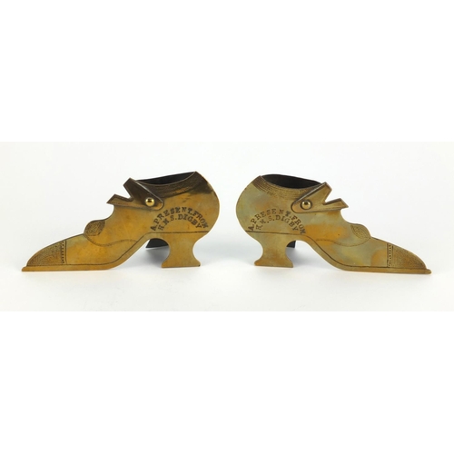 324 - Pair of H.M.S Digby shoes fireside brass shoes, each 16cm long