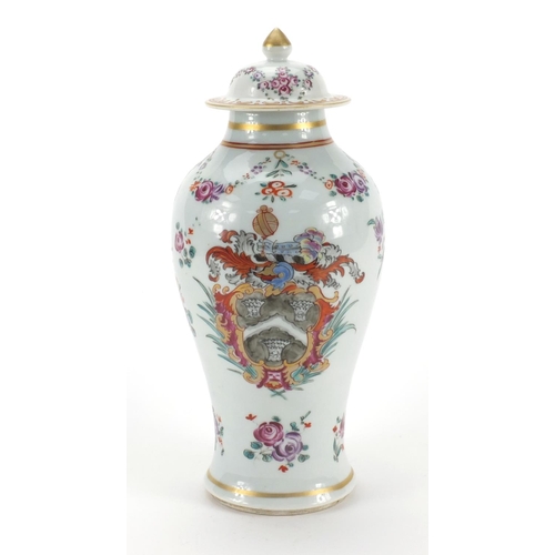 669 - Samson porcelain vase and cover, hand painted with flowers and armorial crest, 17cm high