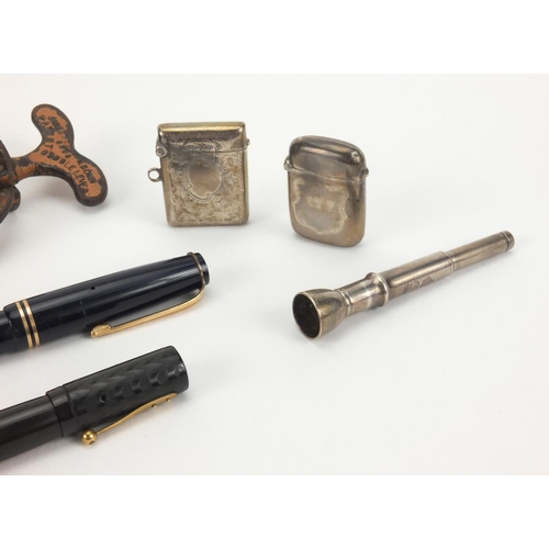 78 - Objects comprising two silver vesta cases, silver cigar pricker, James Heeley & Sons double lever co... 