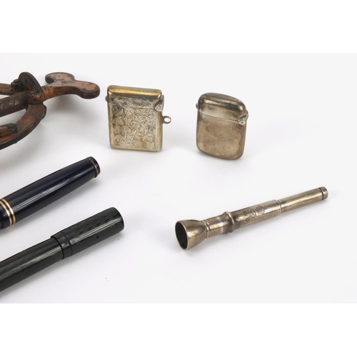 78 - Objects comprising two silver vesta cases, silver cigar pricker, James Heeley & Sons double lever co... 