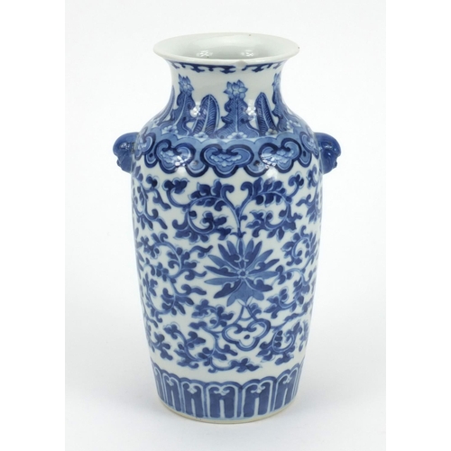 503 - Chinese blue and white porcelain vase with Dog Of Foo handles, profusely hand painted with flowers, ... 