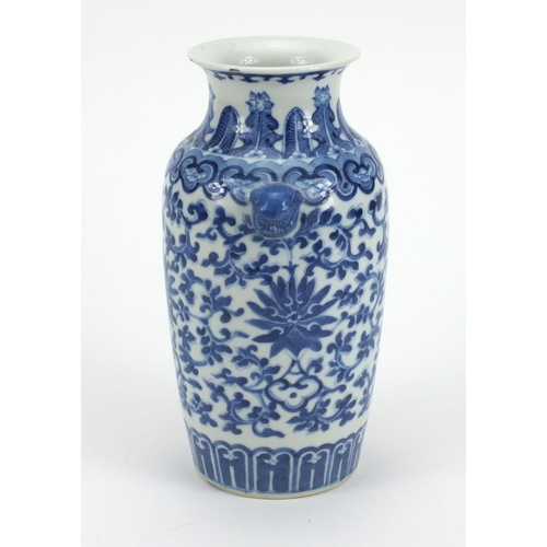 503 - Chinese blue and white porcelain vase with Dog Of Foo handles, profusely hand painted with flowers, ... 