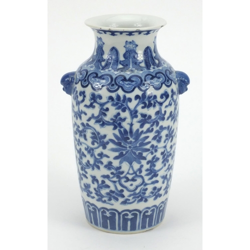 503 - Chinese blue and white porcelain vase with Dog Of Foo handles, profusely hand painted with flowers, ... 